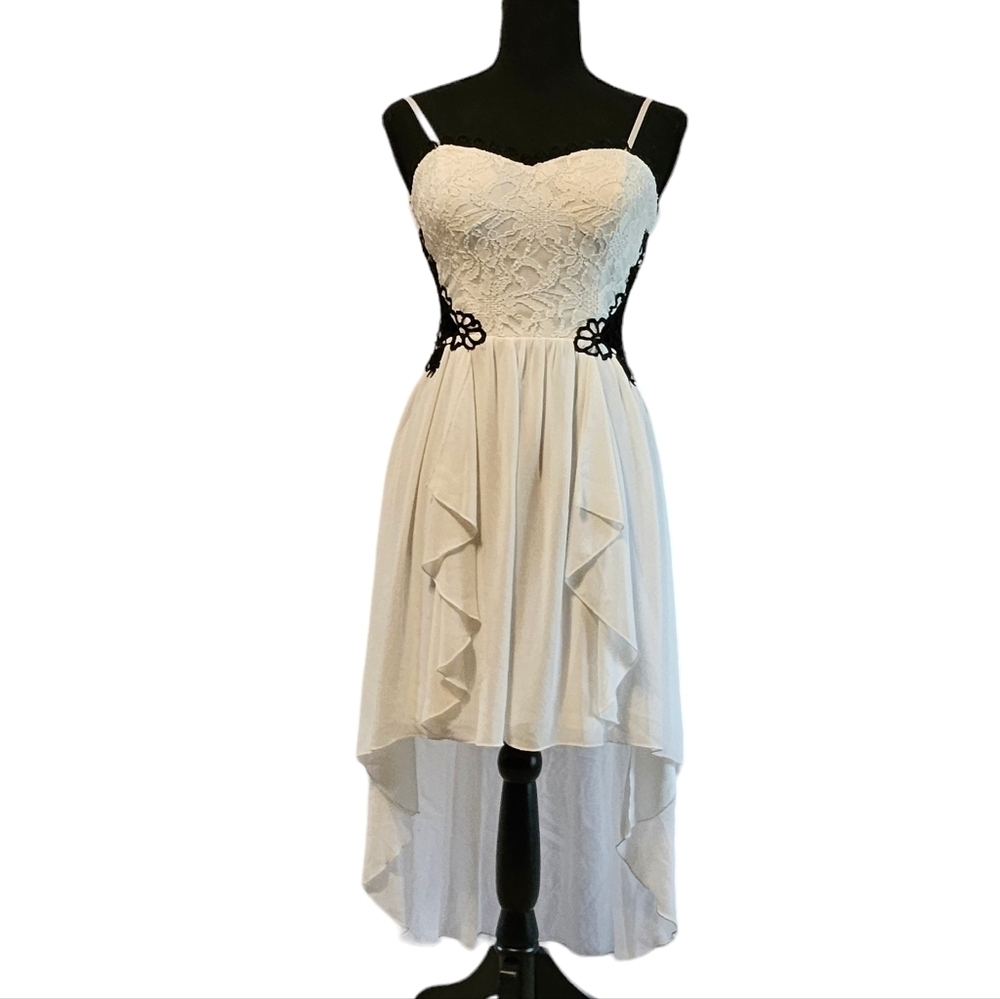 Jodi Kristopher Black White Lace Sheer Crochet Formal Asymmetrical Dress Sz 3